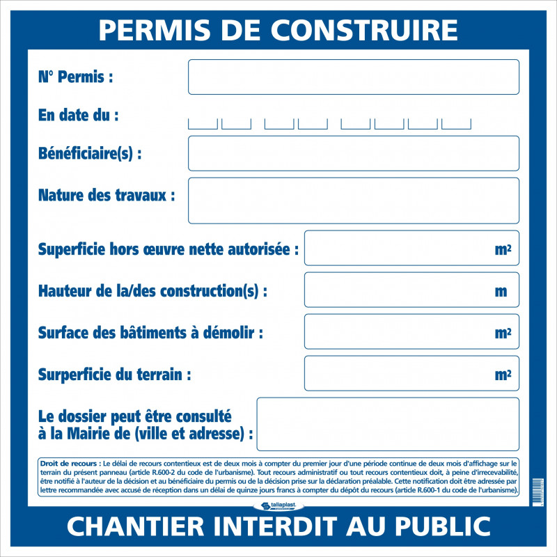 PERMIS DE CONSTRUIRE 800X800MM TALIAPLAST | 570102