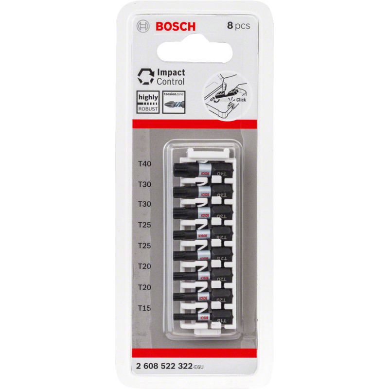 Kit 8 Embouts de vissage qualité Impact T15 2xT20 2xT25 2xT30 T40 25mm - BOSCH | 2 608 522 322