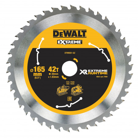 Lame de Scie Circulaire Plongeante XR Runtime, 165X20mm 42 Dents - Dewalt | DT99561
