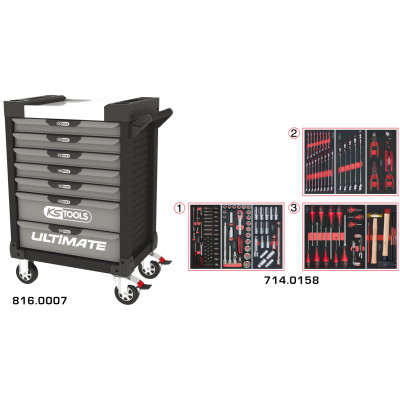 Servante PEARLline grise et noire 7 tiroirs équipée de 158 outils - KS Tools | 816.7158