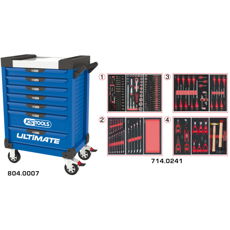 Servante PEARLline bleue 7 tiroirs équipée de 241 outils - KS Tools | 804.7241