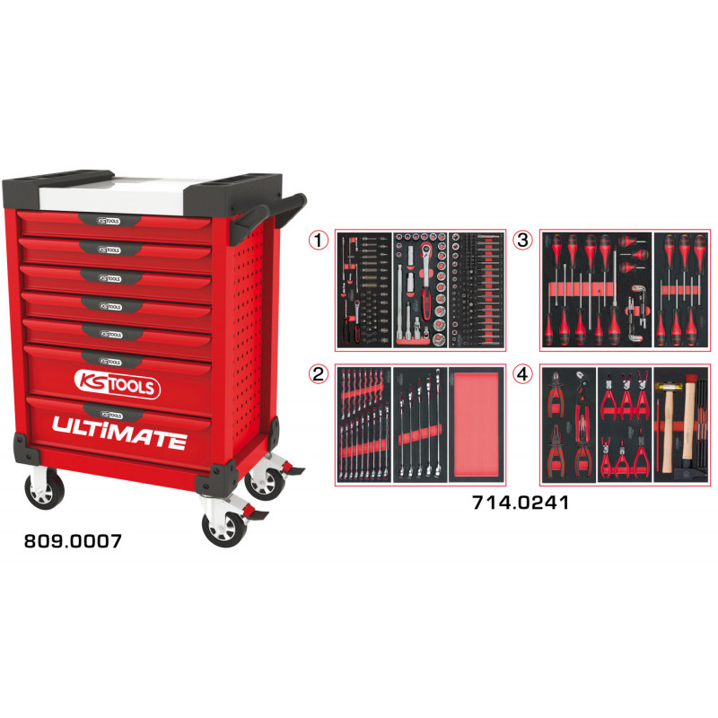 Servante PEARLline rouge 7 tiroirs équipée de 241 outils - KS Tools | 809.7241