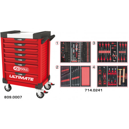 Servante PEARLline rouge 7 tiroirs équipée de 241 outils - KS Tools | 809.7241