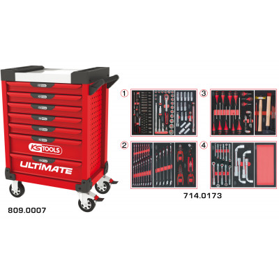 Servante PEARLline rouge 7 tiroirs équipée de 173 outils - KS Tools | 809.7173