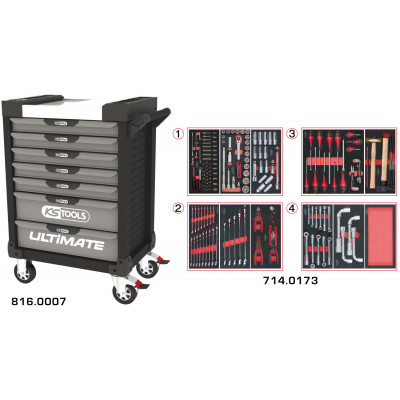 Servante PEARLline grise et noire 7 tiroirs équipée de 173 outils - KS Tools | 816.7173
