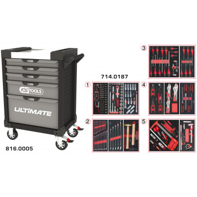 Servante PEARLline grise et noire 5 tiroirs équipée de 187 outils - KS Tools | 816.5186
