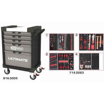 Servante PEARLline grise et noire 5 tiroirs équipée de 263 outils - KS Tools | 816.5263