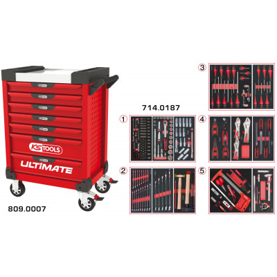Servante PEARLline rouge 7 tiroirs équipée de 187 outils - KS Tools | 809.7186