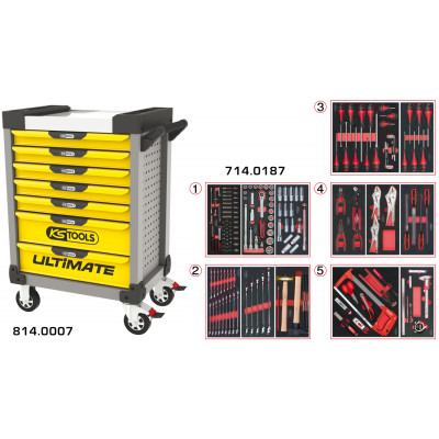 Servante PEARLline grise et jaune 7 tiroirs équipée de 187 outils - KS Tools | 814.7186