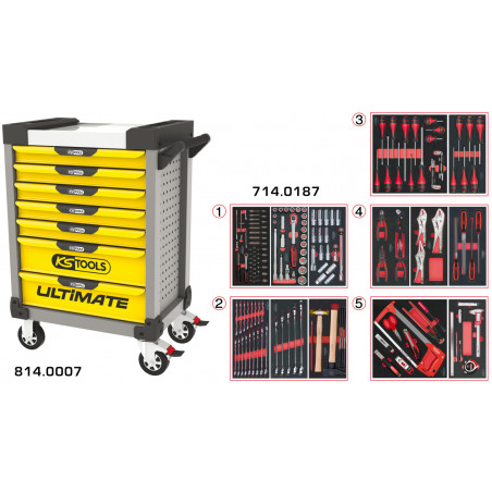 Servante PEARLline grise et jaune 7 tiroirs équipée de 187 outils - KS Tools | 814.7186