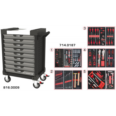 Servante PEARLline grise et noire 9 tiroirs équipée de 187 outils - KS Tools | 816.9186