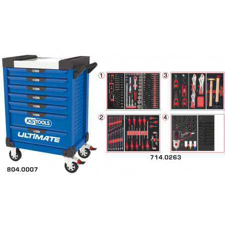 Servante PEARLline bleue 7 tiroirs équipée de 263 outils - KS Tools | 804.7263