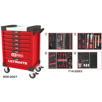 Servante PEARLline rouge 7 tiroirs équipée de 263 outils - KS Tools | 809.7263