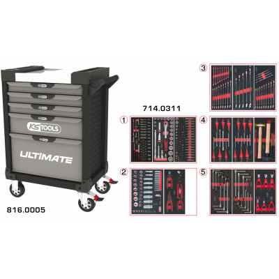 Servante PEARLline grise et noire 5 tiroirs équipée de 311 outils - KS Tools | 816.5311