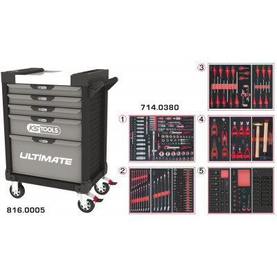 Servante PEARLline grise et noire 5 tiroirs équipée de 384 outils - KS Tools | 816.5380