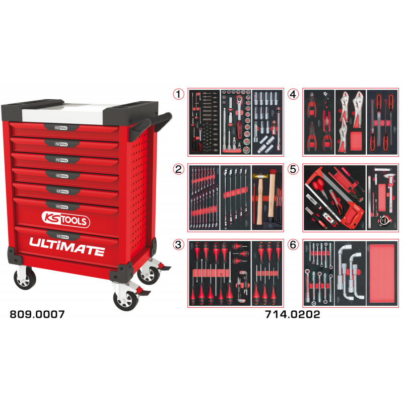 Servante PEARLline rouge 7 tiroirs équipée de 202 outils - KS Tools | 809.7202
