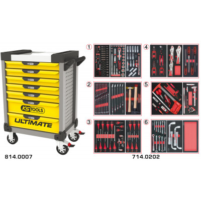 Servante PEARLline grise et jaune 7 tiroirs équipée de 202 outils - KS Tools | 814.7202