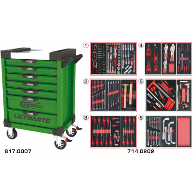 Servante PEARLline verte 7 tiroirs équipée de 202 outils - KS Tools | 817.7202