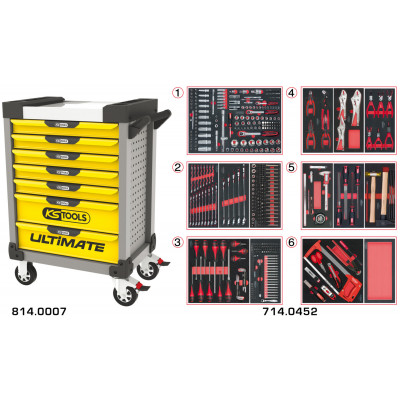 Servante PEARLline grise et jaune 7 tiroirs équipée de 455 outils - KS Tools | 814.7452