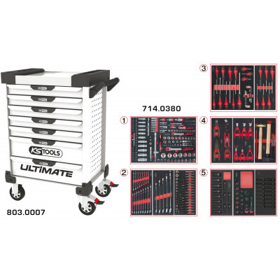 Servante PEARLline blanche 7 tiroirs équipée de 384 outils - KS Tools | 803.7380