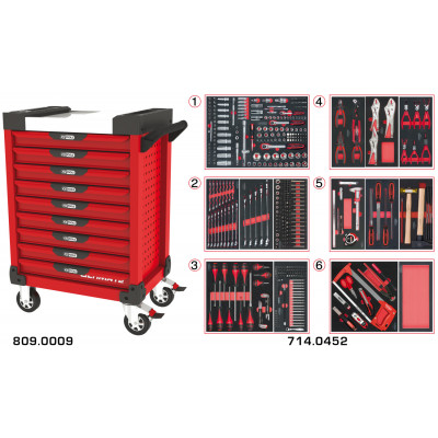 Servante PEARLline rouge 9 tiroirs équipée de 455 outils - KS Tools | 809.9452