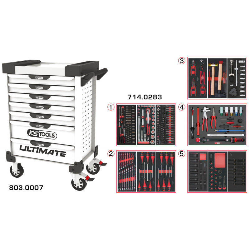 Servante PEARLline blanche 7 tiroirs équipée de 283 outils - KS Tools | 803.7283