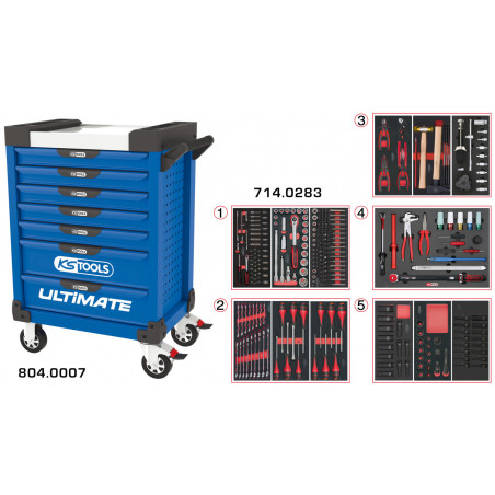 Servante PEARLline bleue 7 tiroirs équipée de 283 outils - KS Tools | 804.7283