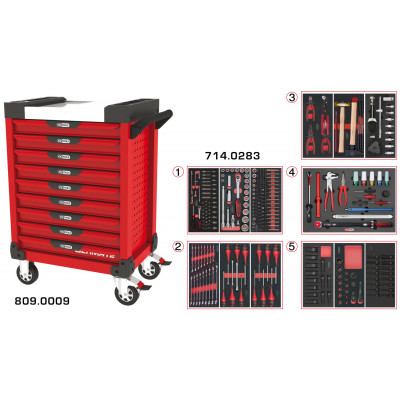 Servante PEARLline rouge 9 tiroirs équipée de 283 outils - KS Tools | 809.9283