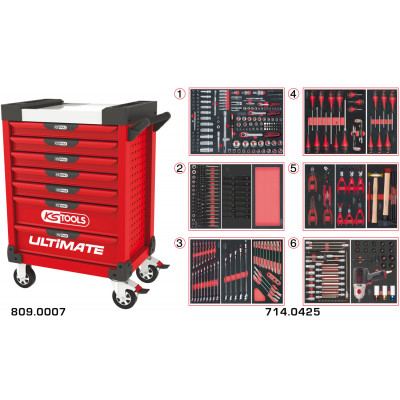 Servante PEARLline rouge 7 tiroirs équipée de 429 outils - KS Tools | 809.7425