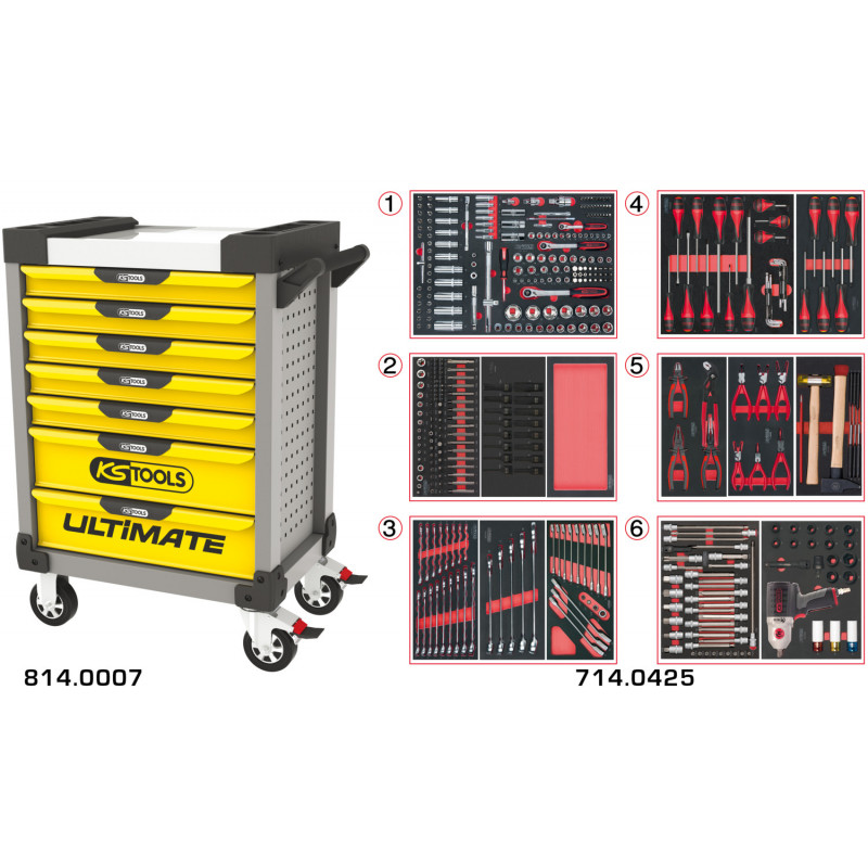 Servante PEARLline grise et jaune 7 tiroirs équipée de 429 outils - KS Tools | 814.7425