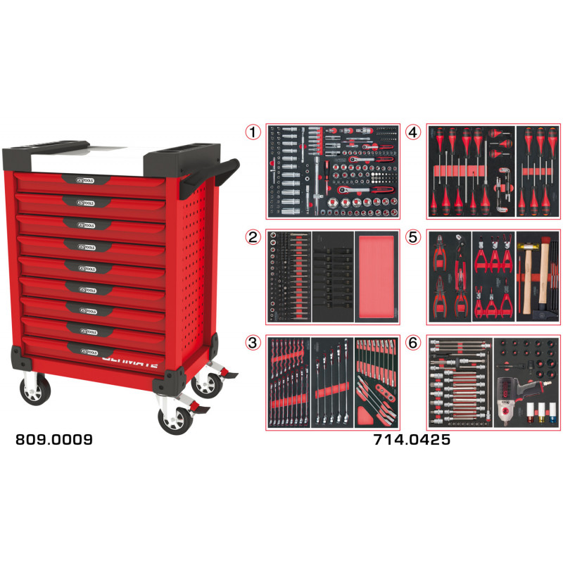 Servante PEARLline rouge 9 tiroirs équipée de 429 outils - KS Tools | 809.9425