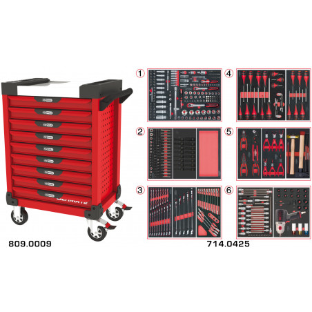 Servante PEARLline rouge 9 tiroirs équipée de 429 outils - KS Tools | 809.9425