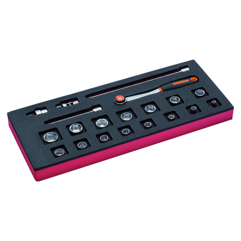 Jeu de douilles 3/8" et cliquet à tête ronde, module mousse 1/3 Fit&Go - 20 pcs - Bahco | FF1E2104