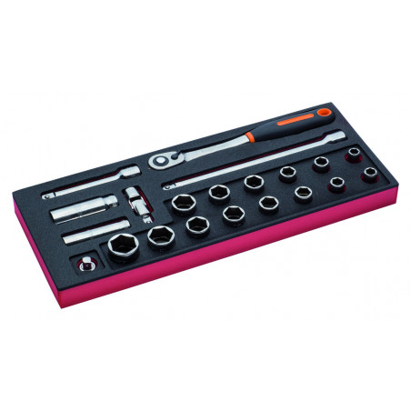 Jeu de douilles 1/2" et cliquet à tête ronde, module mousse 1/3 Fit&Go - 21 pcs - Bahco | FF1E2201