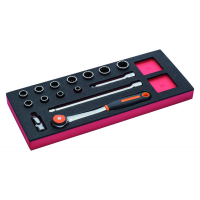 Jeu de douilles 1/2" et cliquet à tête ronde, module mousse 1/3 Fit&Go - 15 pcs - Bahco | FF1E2204