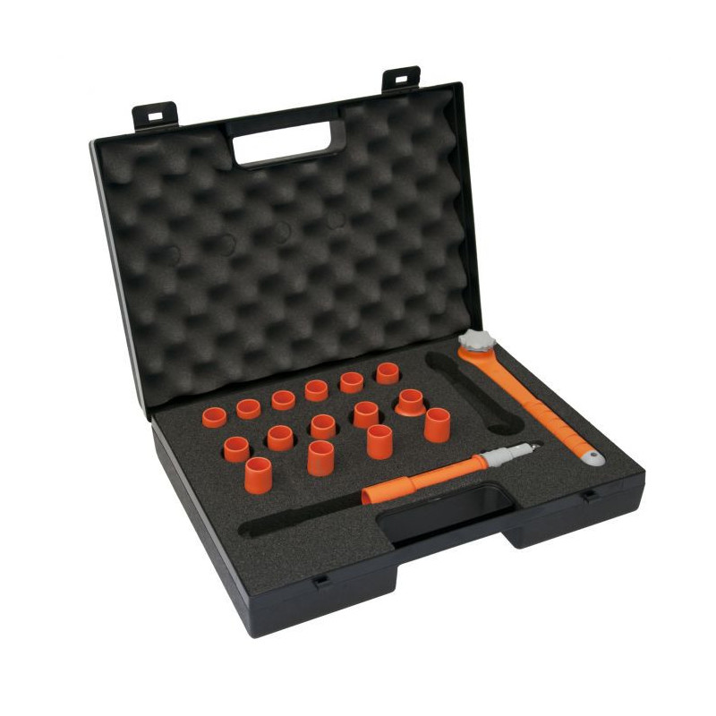 Coffret de douilles et accessoires 3/8'' isolés 1000V - 8 à 23 mm - 17 pièces - KSTools | 112.3817