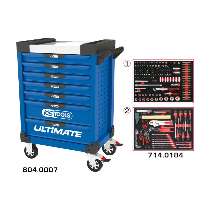 Servante ULTIMATE bleue 7 tiroirs équipée de 184 outils - KSTools | 804.7184