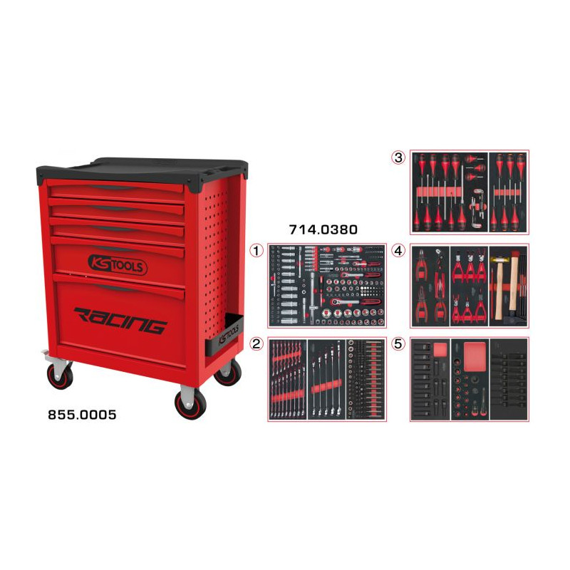 Servante RACING 5 tiroirs équipée de 384 outils - KSTools | 855.5380