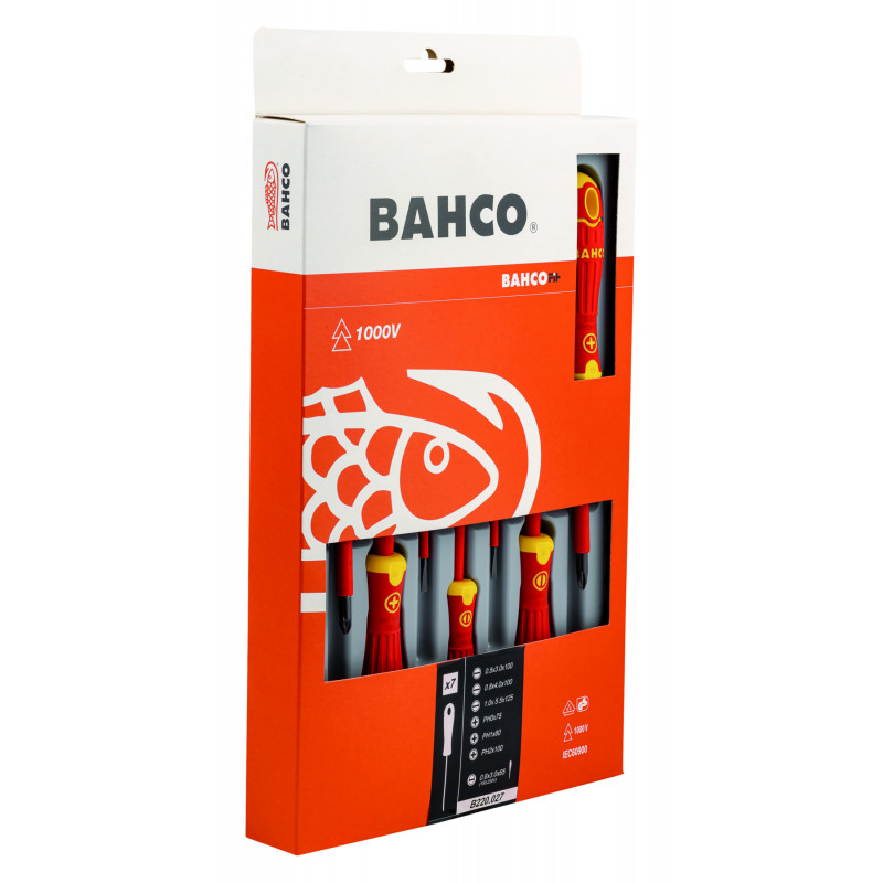 Jeu de tournevis BahcoFIT isolés VDE avec manche multi-composants, avec testeur de tension 150 V/250 V - 7 pcs Bahco | B220.027