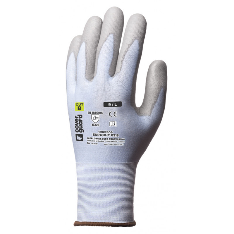 Gants EUROCUT P318 cut B. HPPE J18 bleu paume enduit PU - COVERGUARD | 1CRPB