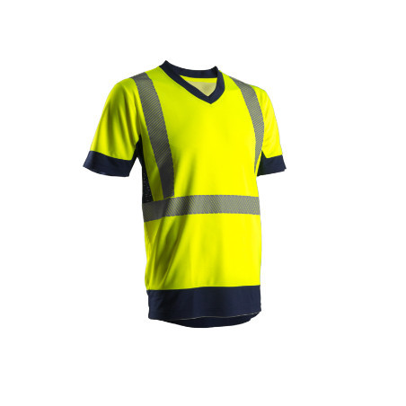 T-shirt manches courtes - KYRIO - 100% PES 140g/m2 UPF 50 + Mesh + Bandes segmentées - Jaune HV/Marine - COVERGUARD | 7KYRY