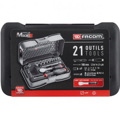 Jeu de douille et embout,1/4", 6 pans métriques, 21 pièces FACOM | R.181-4P6PB.360NANOPB