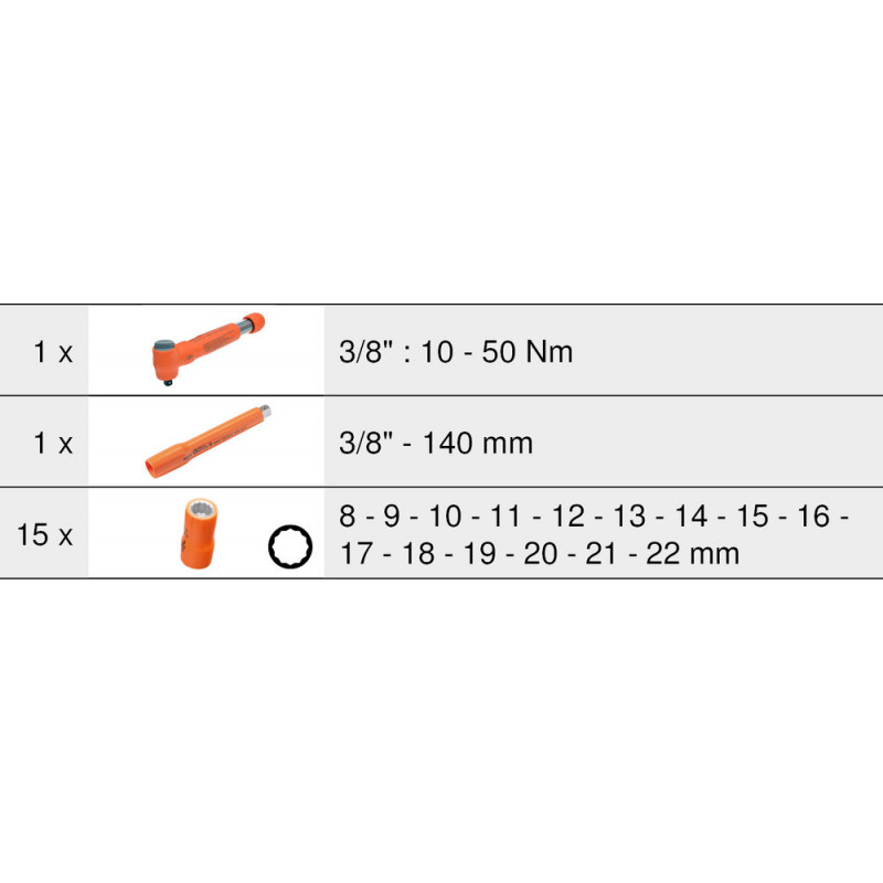 Module de douilles et clé dynamométrique 3/8'' 10- 50 Nm  isolées 1000 V 17 pièces - KSTools | 713.1127