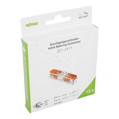 Borne WAGO 221 Inline 2x4mm² à leviers souple & rigide - Wago | 221-2411/995-012