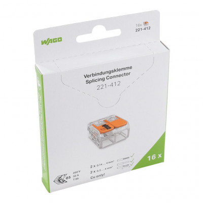 Borne WAGO 221 Mini 2x4mm² à leviers souple & rigide, Boîte de 16 - Wago | 221-412/995-016