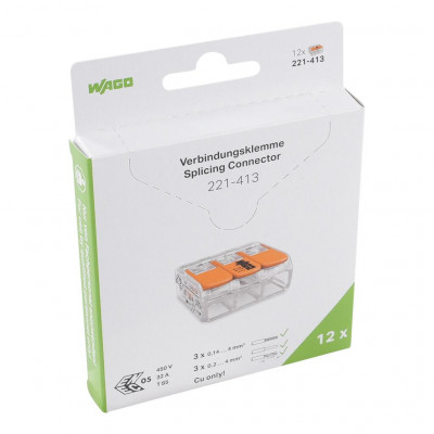 Borne WAGO 221 Mini 3x4mm² à leviers souple & rigide, Boîte à 12 - WAGO | 221-413/995-012