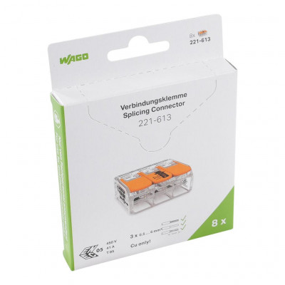 Borne WAGO 221 3x6mm² à leviers souple & rigide, Boîte de 8 - WAGO | 221-613/995-008