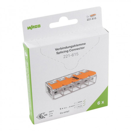 Borne WAGO 221 5x6mm² à leviers souple & rigide, Boîte de 6 - Wago | 221-615/995-006