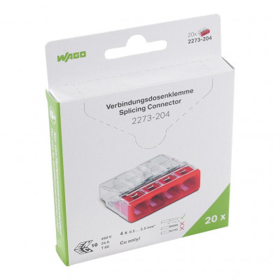 Borne WAGO 2273 - 4 x 0,5 à 2,5mm² Transp. / Rouge, Boîte de 20 - Wago | 2273-204/995-020
