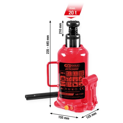 Cric bouteille hydraulique Performance, 20000 kg, levée : 235-445 mm - KSTools | 160.1120